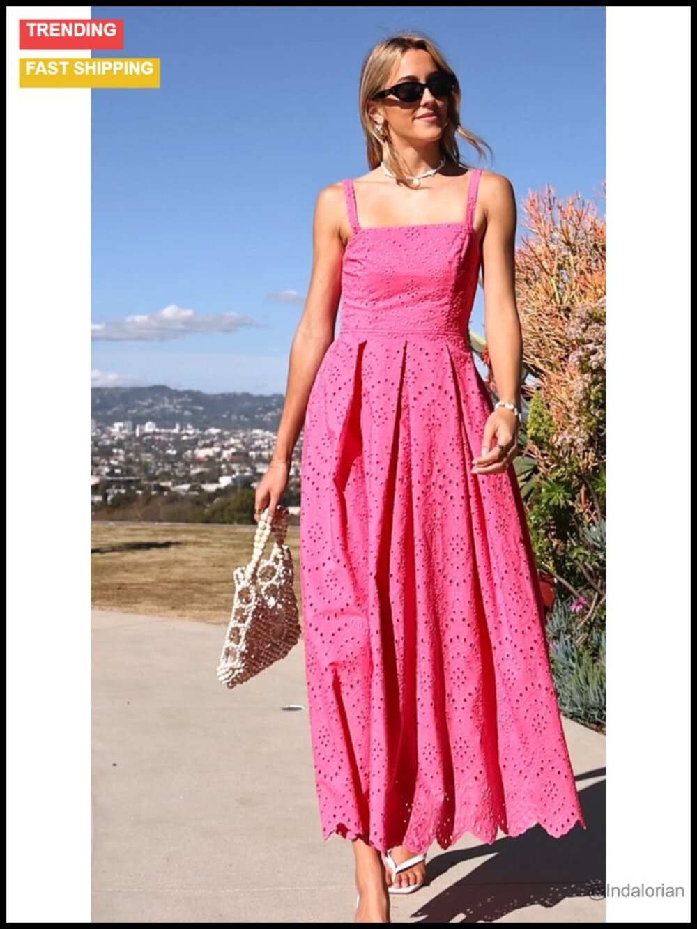 Sleeveless Eyelet Maxi Dress Adjustable Spaghetti Strap A-Line Sundress with - Picture 6 of 6